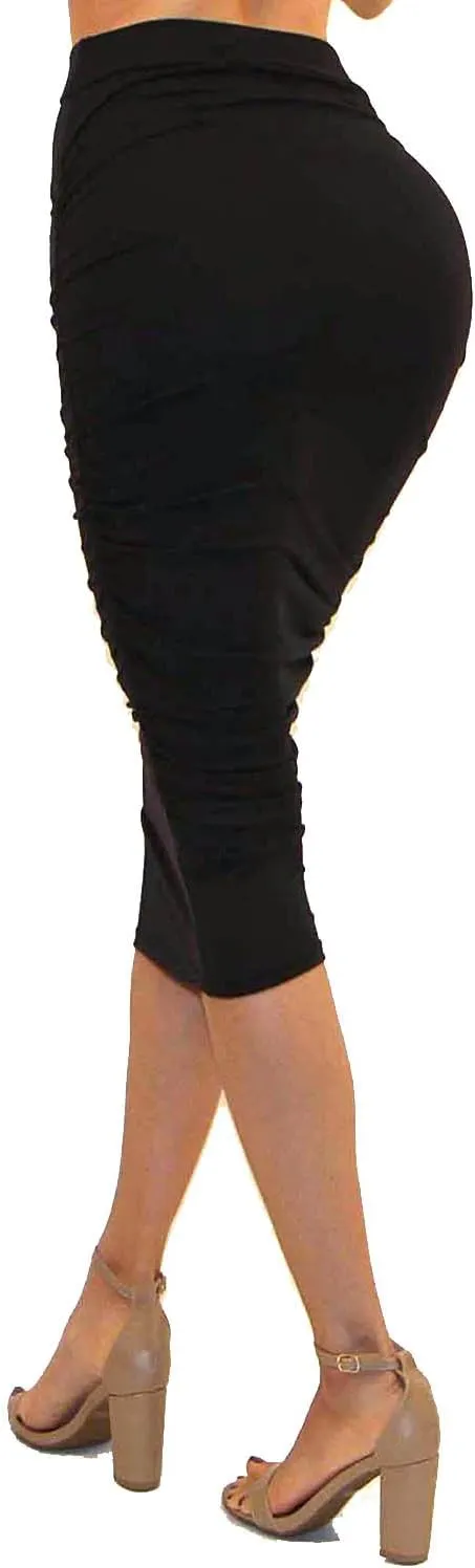 Vivicastle Women's USA Ruched Frill Ruffle High Waist Pencil Mid-Calf Skirt
