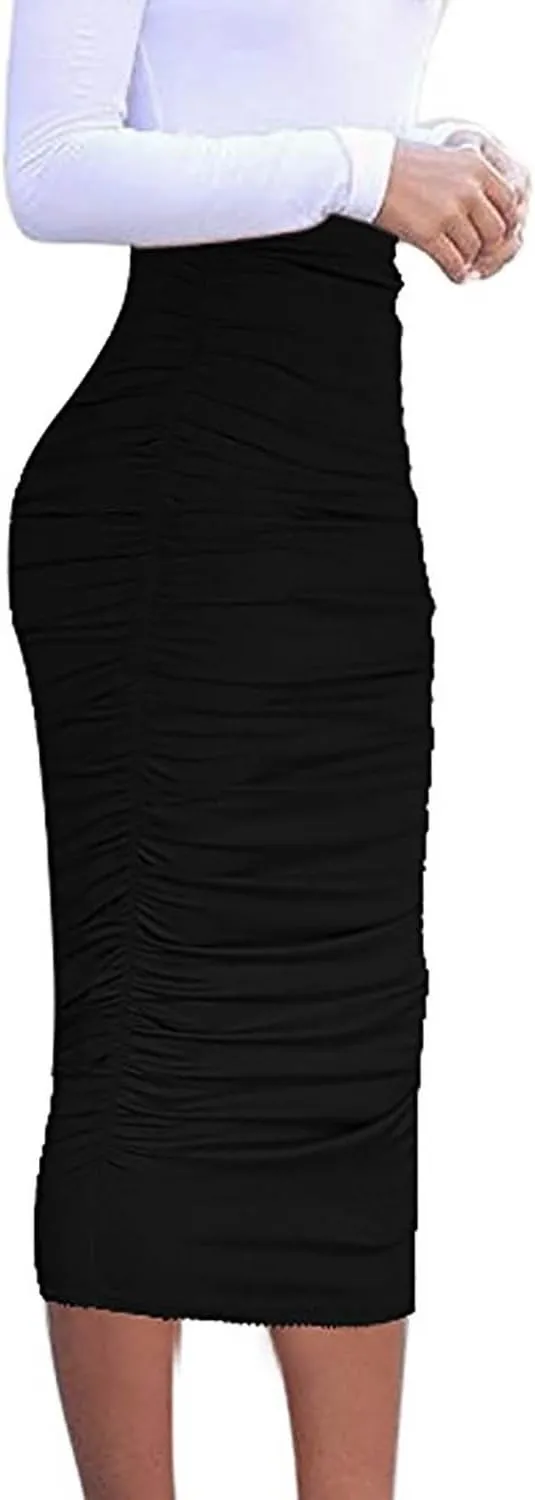 Vivicastle Women's USA Ruched Frill Ruffle High Waist Pencil Mid-Calf Skirt