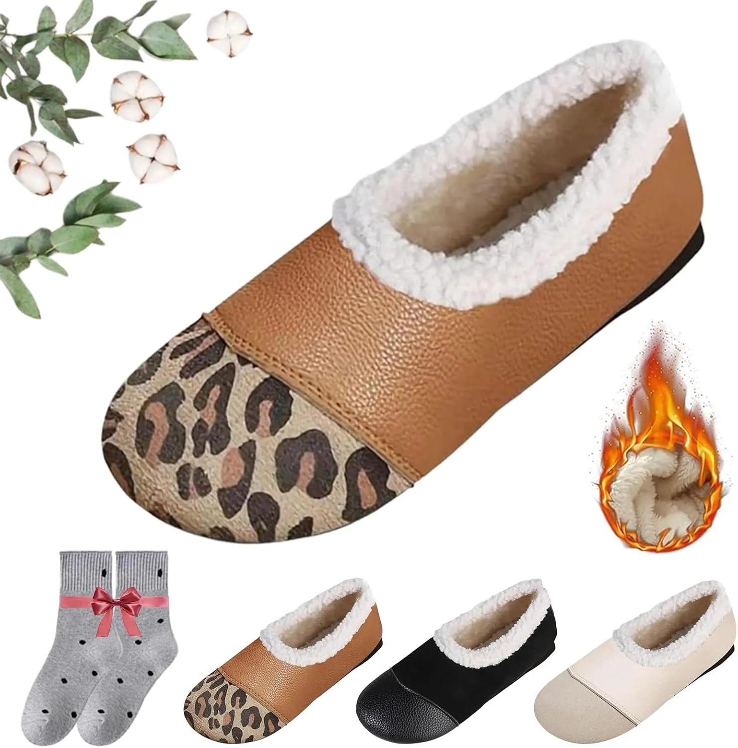 Warm and Luxurious Winter Leather Shoes for Women, Casual Plush Slip on Walking Shoes Orthopedic Arch Support