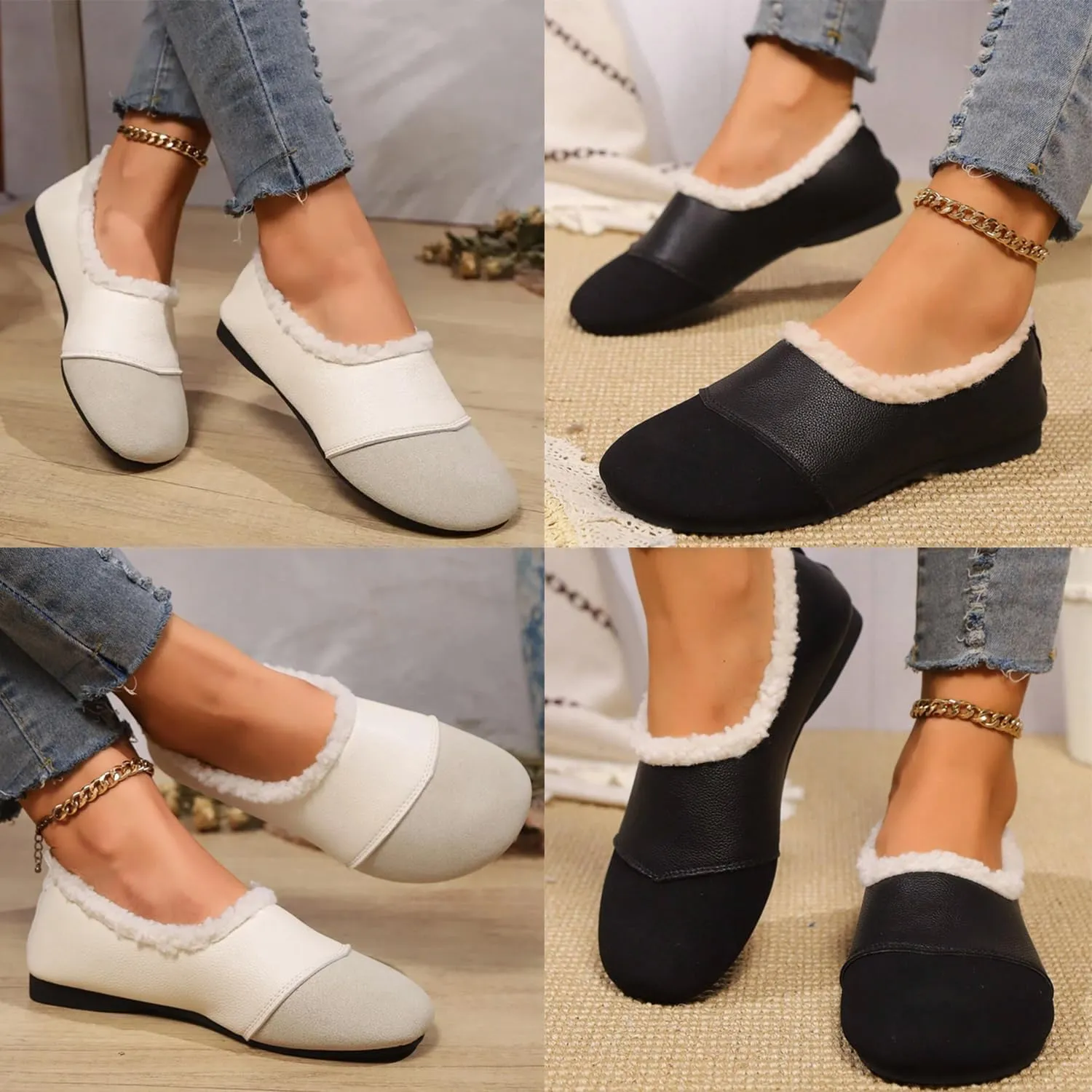 Warm and Luxurious Winter Leather Shoes for Women, Casual Plush Slip on Walking Shoes Orthopedic Arch Support