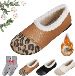 Warm and Luxurious Winter Leather Shoes for Women, Casual Plush Slip on Walking Shoes Orthopedic Arch Support
