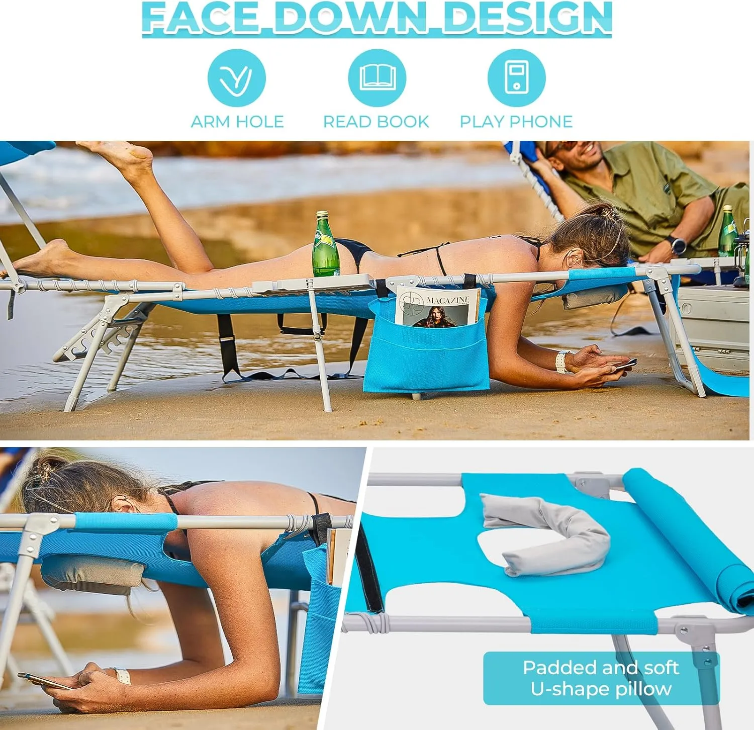 #Wejoy 4 in 1 Tanning Chair with Face Hole & Canopy & Side Table, 5 Positions Adjustable Folding Waterproof Facedown Chaise Lounge with Pillow Quick Dry for Beach Poolside Outdoor Camping Patio (Blue)