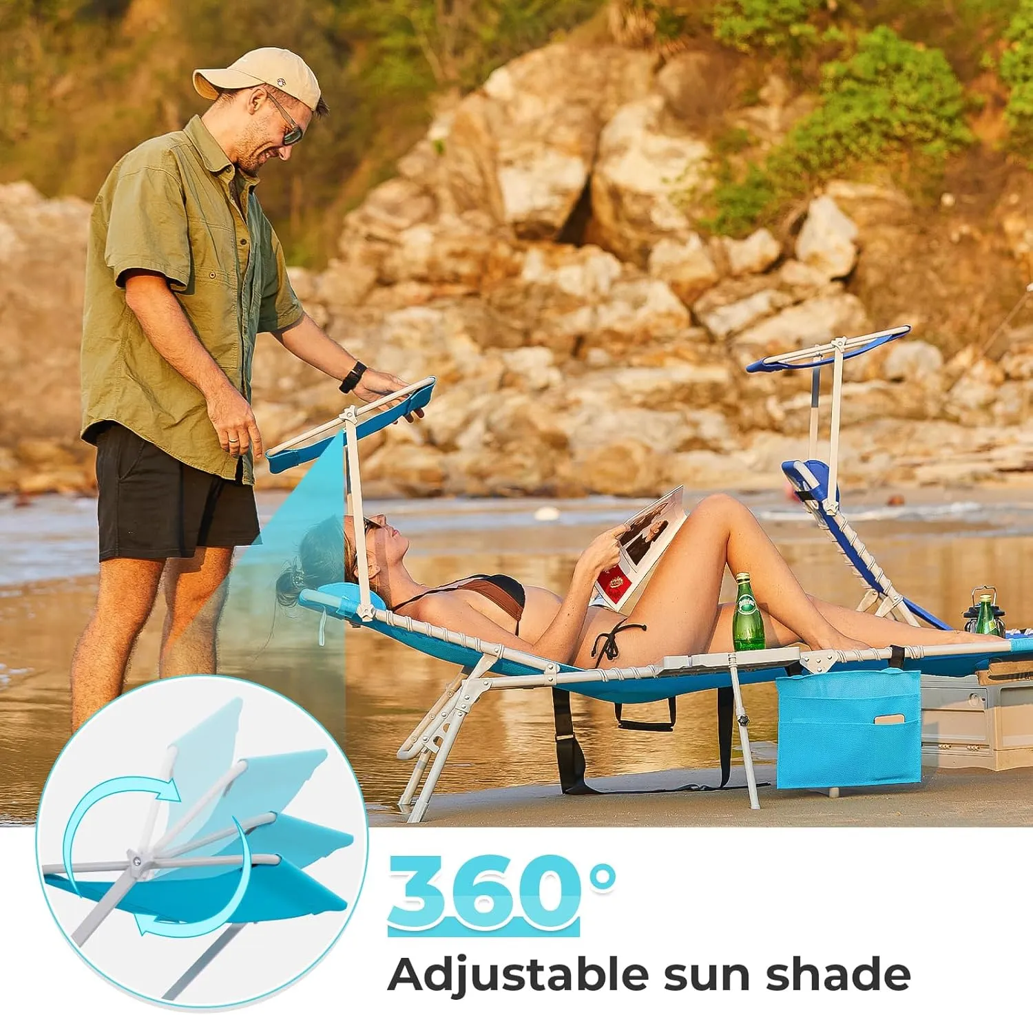 #Wejoy 4 in 1 Tanning Chair with Face Hole & Canopy & Side Table, 5 Positions Adjustable Folding Waterproof Facedown Chaise Lounge with Pillow Quick Dry for Beach Poolside Outdoor Camping Patio (Blue)