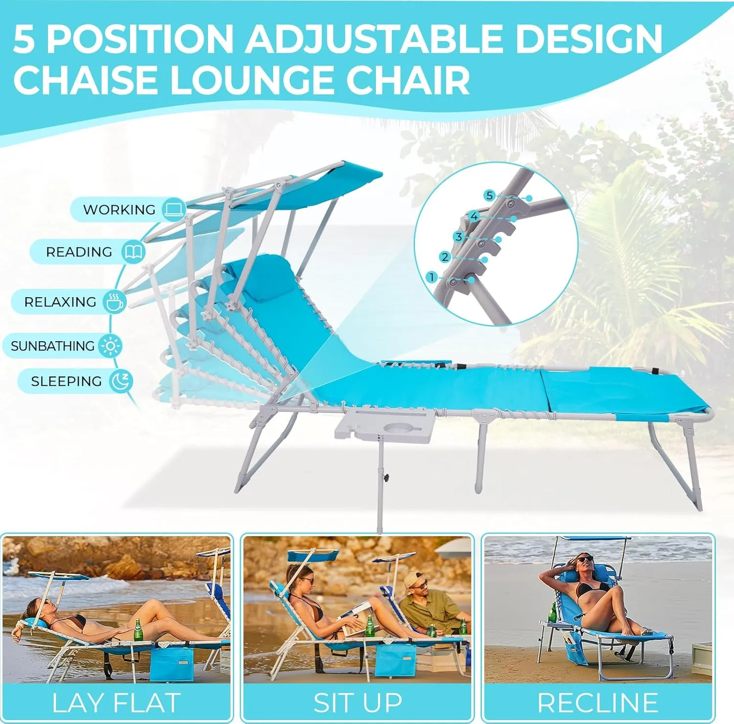 #Wejoy 4 in 1 Tanning Chair with Face Hole & Canopy & Side Table, 5 Positions Adjustable Folding Waterproof Facedown Chaise Lounge with Pillow Quick Dry for Beach Poolside Outdoor Camping Patio (Blue)
