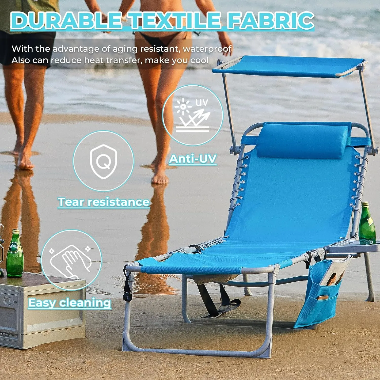 #Wejoy 4 in 1 Tanning Chair with Face Hole & Canopy & Side Table, 5 Positions Adjustable Folding Waterproof Facedown Chaise Lounge with Pillow Quick Dry for Beach Poolside Outdoor Camping Patio (Blue)