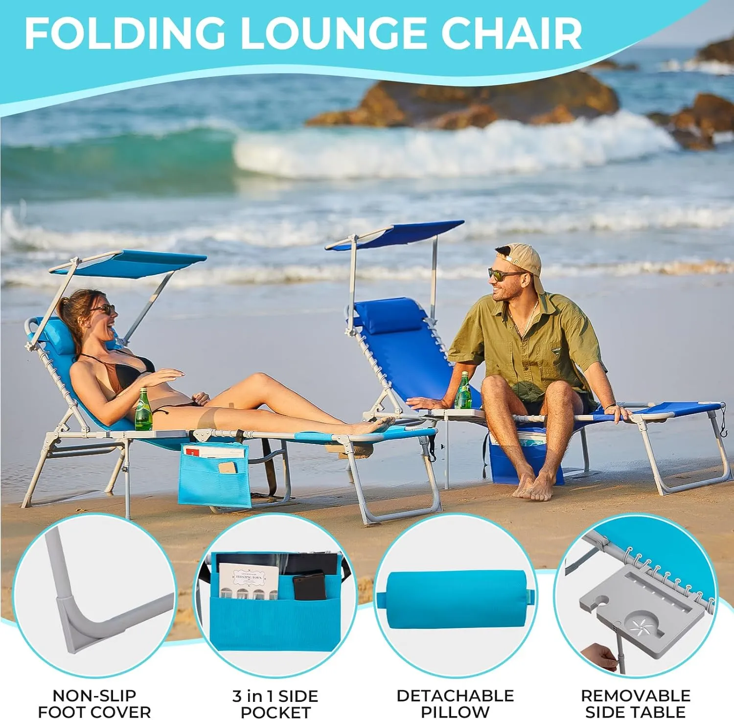 #Wejoy 4 in 1 Tanning Chair with Face Hole & Canopy & Side Table, 5 Positions Adjustable Folding Waterproof Facedown Chaise Lounge with Pillow Quick Dry for Beach Poolside Outdoor Camping Patio (Blue)
