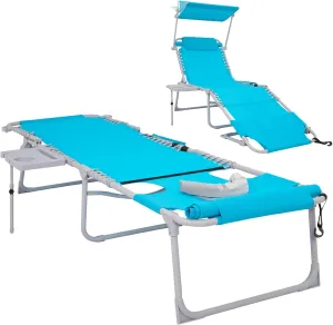 #Wejoy 4 in 1 Tanning Chair with Face Hole & Canopy & Side Table, 5 Positions Adjustable Folding Waterproof Facedown Chaise Lounge with Pillow Quick Dry for Beach Poolside Outdoor Camping Patio (Blue)