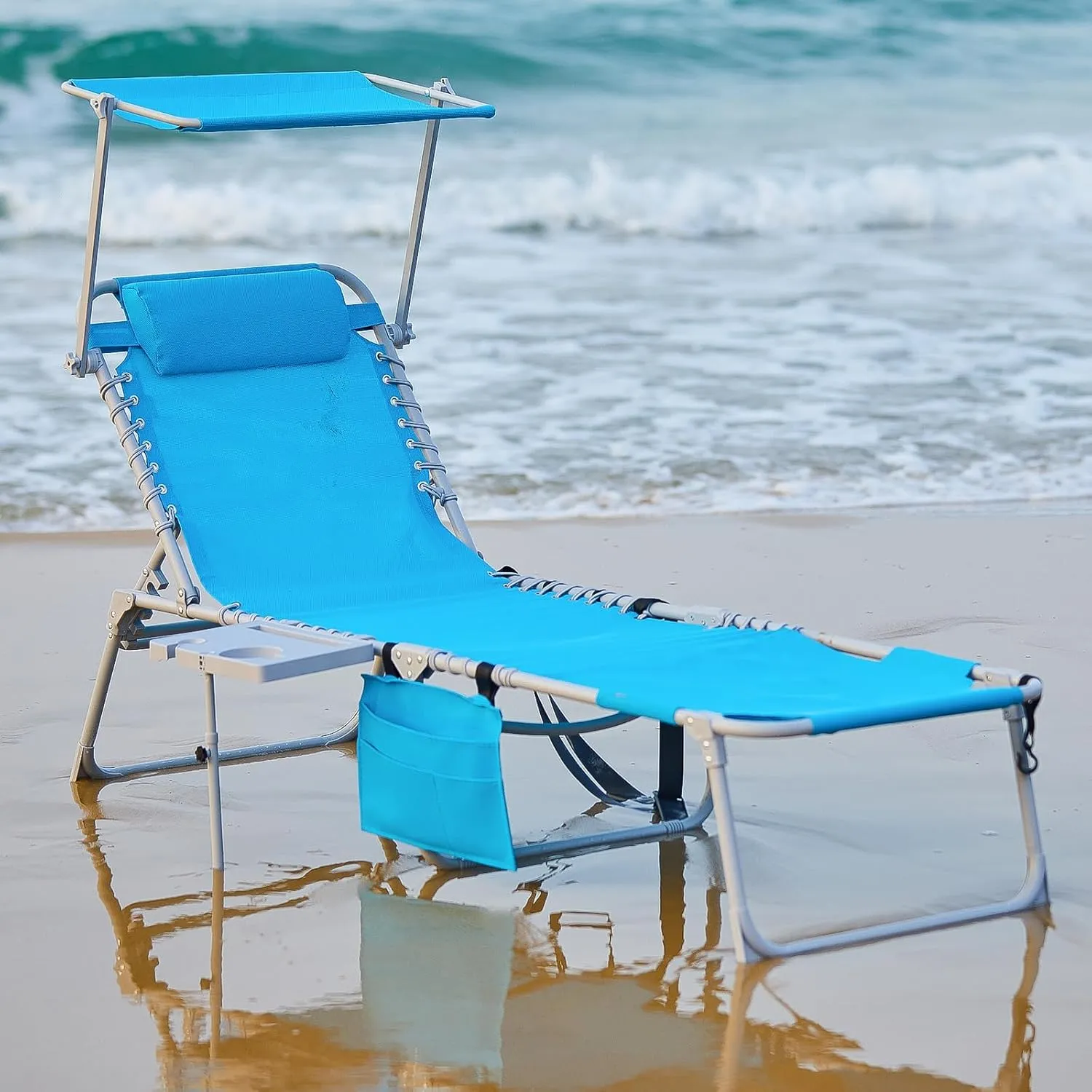 #Wejoy 4 in 1 Tanning Chair with Face Hole & Canopy & Side Table, 5 Positions Adjustable Folding Waterproof Facedown Chaise Lounge with Pillow Quick Dry for Beach Poolside Outdoor Camping Patio (Blue)