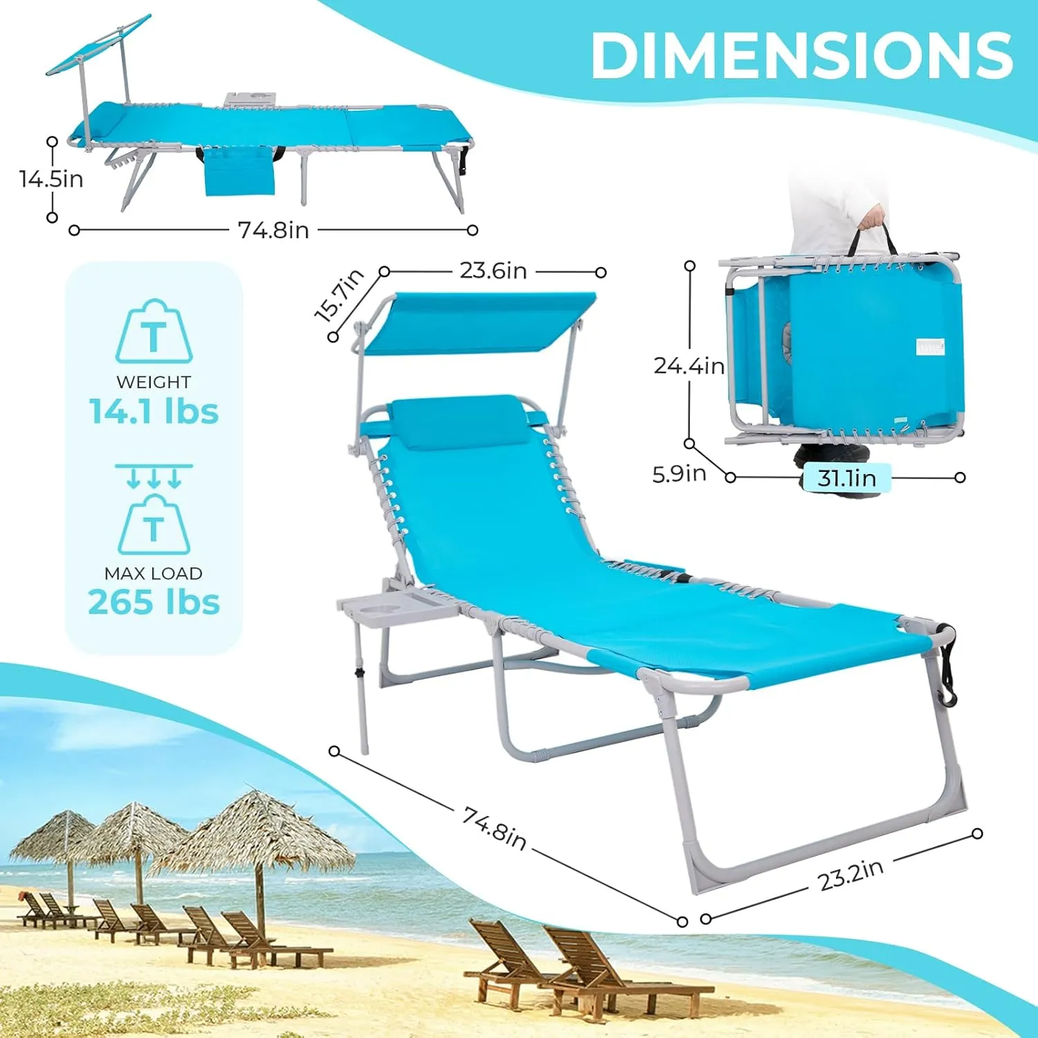 #Wejoy 4 in 1 Tanning Chair with Face Hole & Canopy & Side Table, 5 Positions Adjustable Folding Waterproof Facedown Chaise Lounge with Pillow Quick Dry for Beach Poolside Outdoor Camping Patio (Blue)