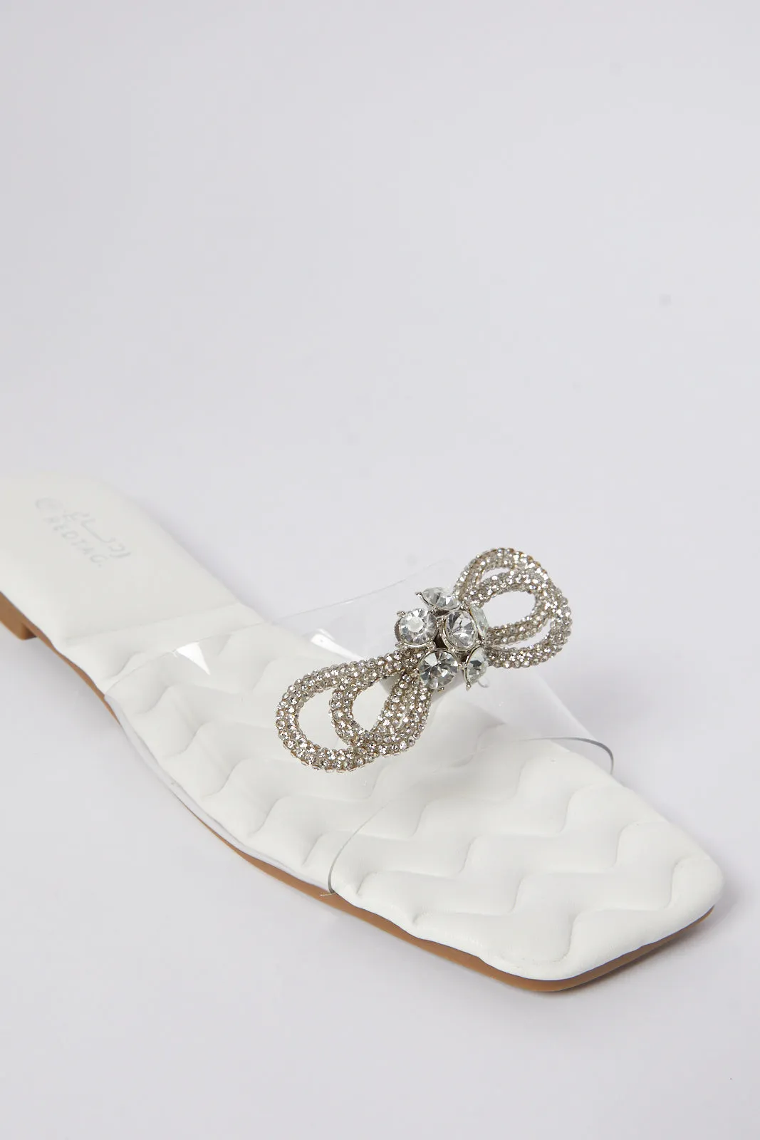 Woman White Diamante Trim Mule