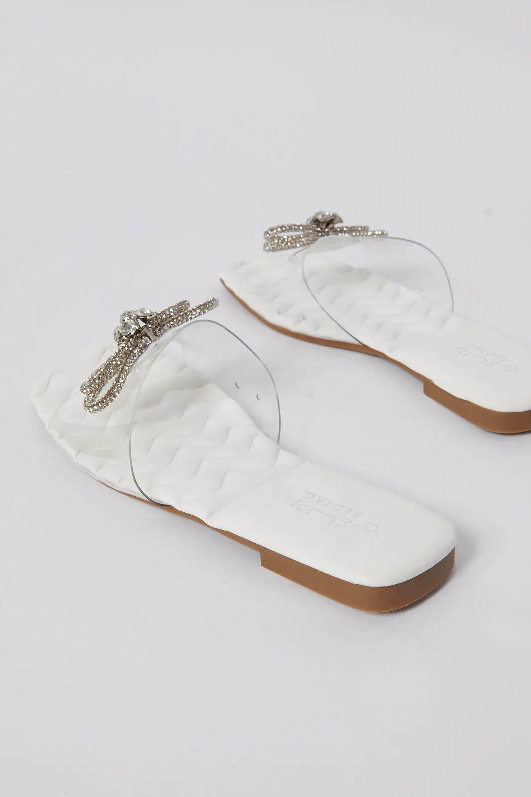 Woman White Diamante Trim Mule