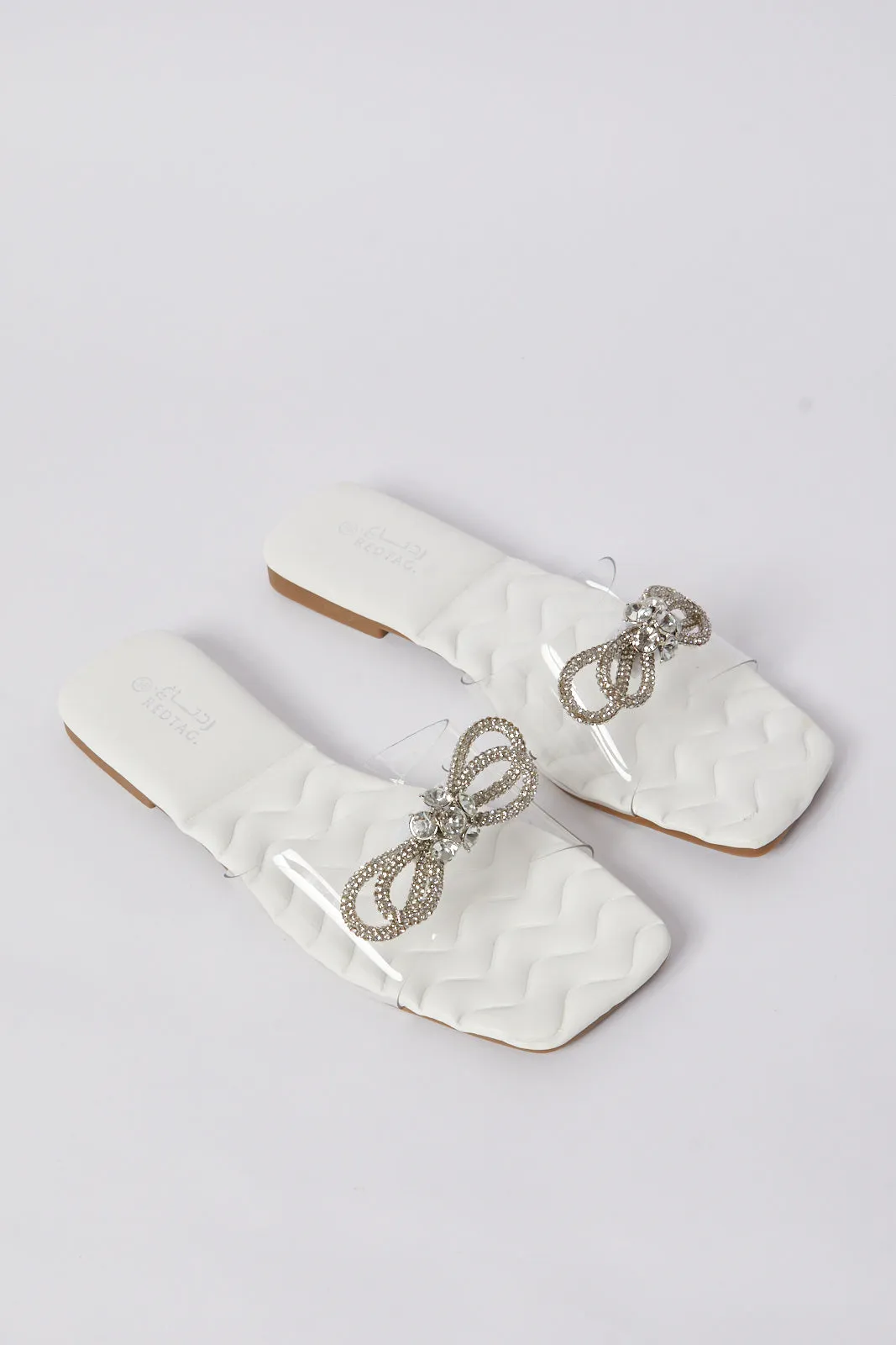 Woman White Diamante Trim Mule