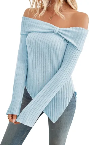 Women Blouses and Tops Black White Colorblock Bell Sleeve Cold Shoulder Top Shirt