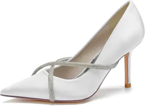 Women Pointed Toe Pumps Shoes Heel Wedding Bridal Shoes Crisscross Dress Party Rhinestone Shoes