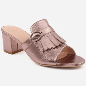 Women "FREYA"Metallic Decorated Buckle and block Heel Slip on Sandals