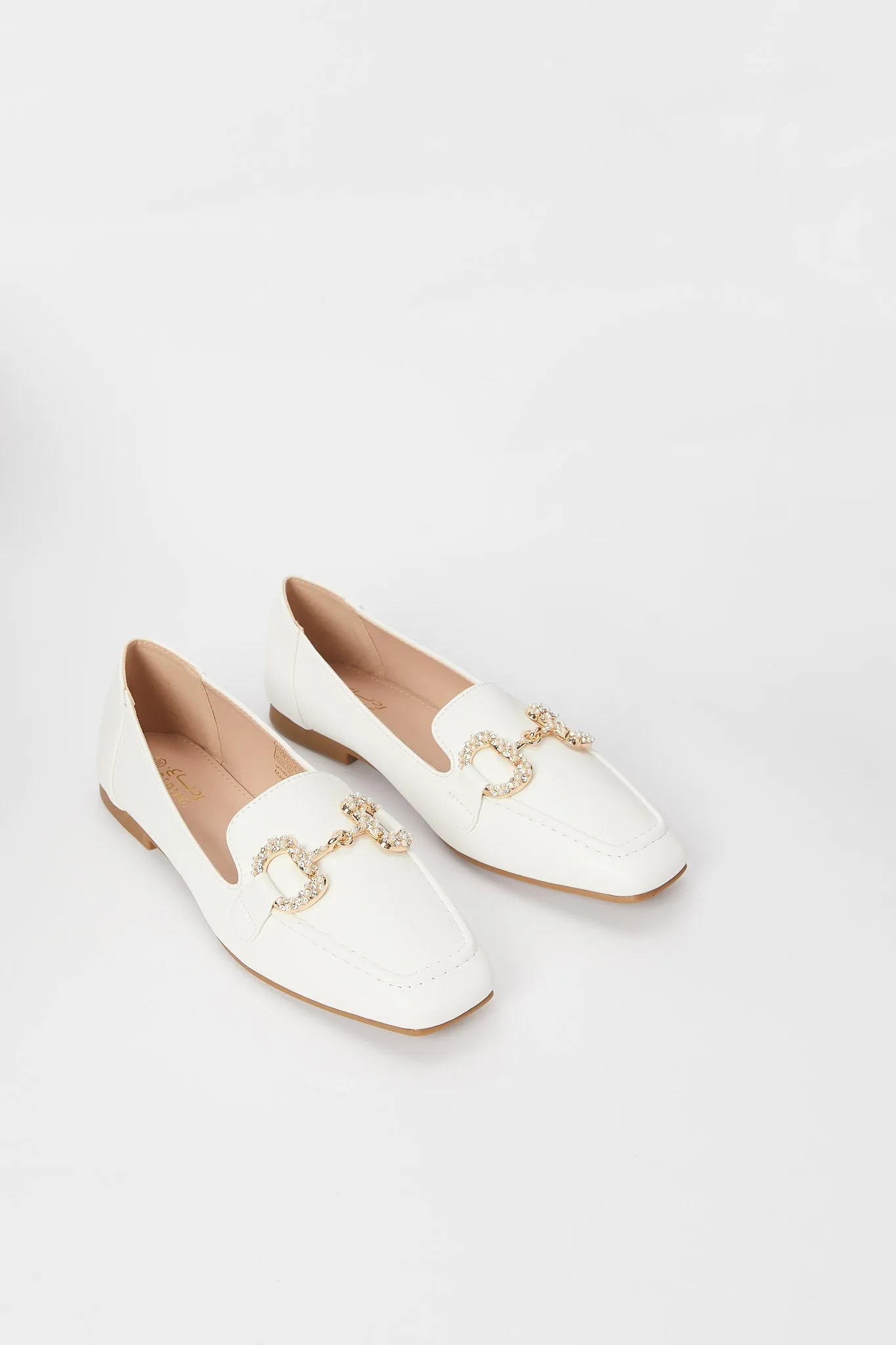 Women White Loafer With Pearl Trim