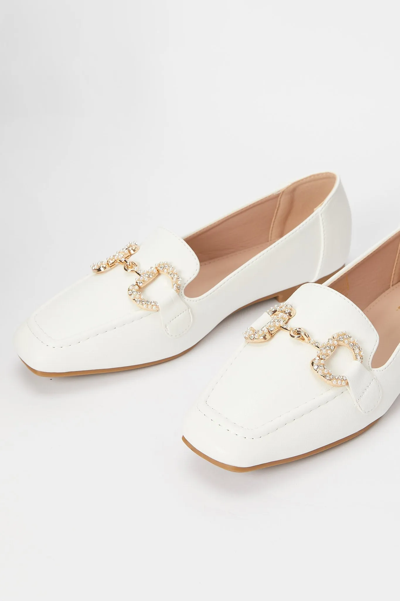 Women White Loafer With Pearl Trim