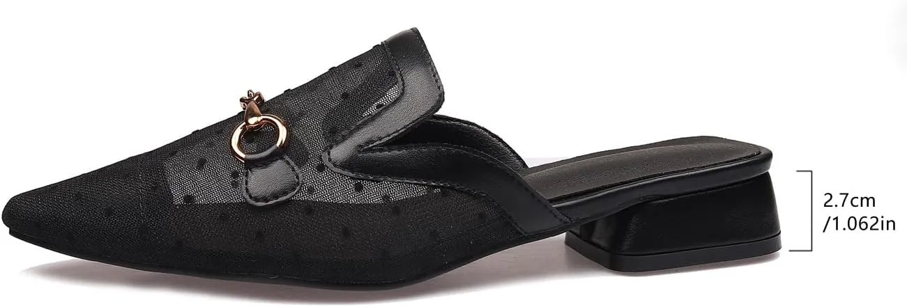 Women's Black Closed Pointed Toe Buckle Mules, 1 Inch Low Chunky Heel Backless Mule Shoes for Women, Metal Buckle Breathable Mesh Slip-on Loafers for Casual Work Beach Walking