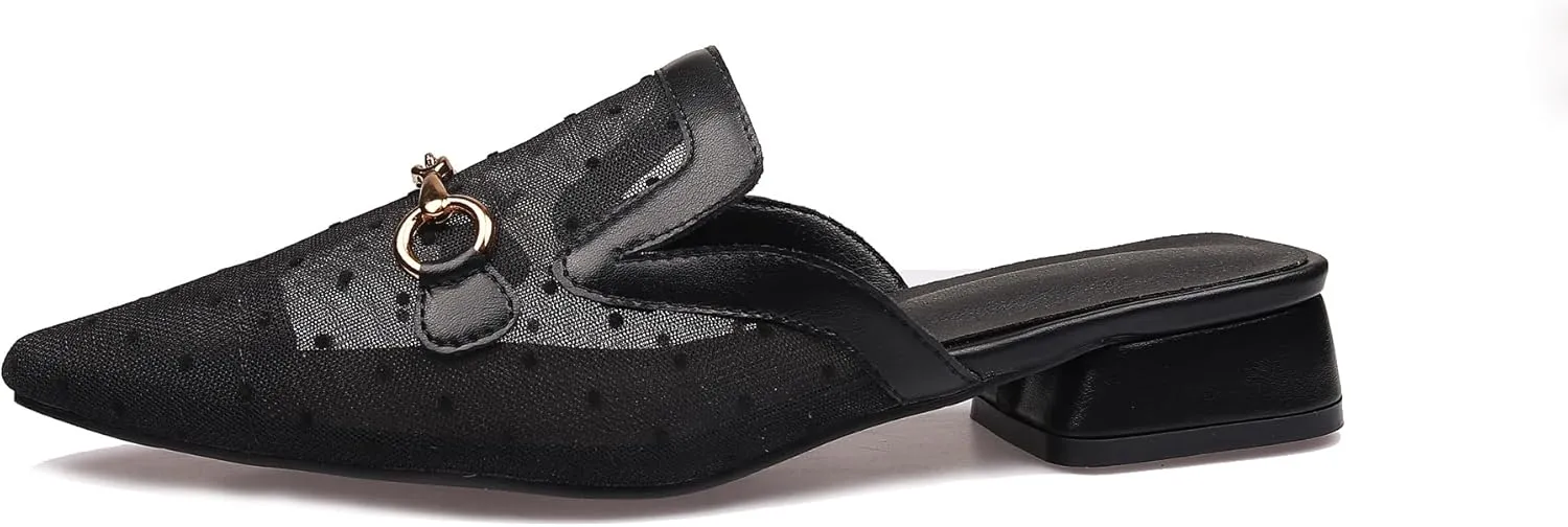 Women's Black Closed Pointed Toe Buckle Mules, 1 Inch Low Chunky Heel Backless Mule Shoes for Women, Metal Buckle Breathable Mesh Slip-on Loafers for Casual Work Beach Walking