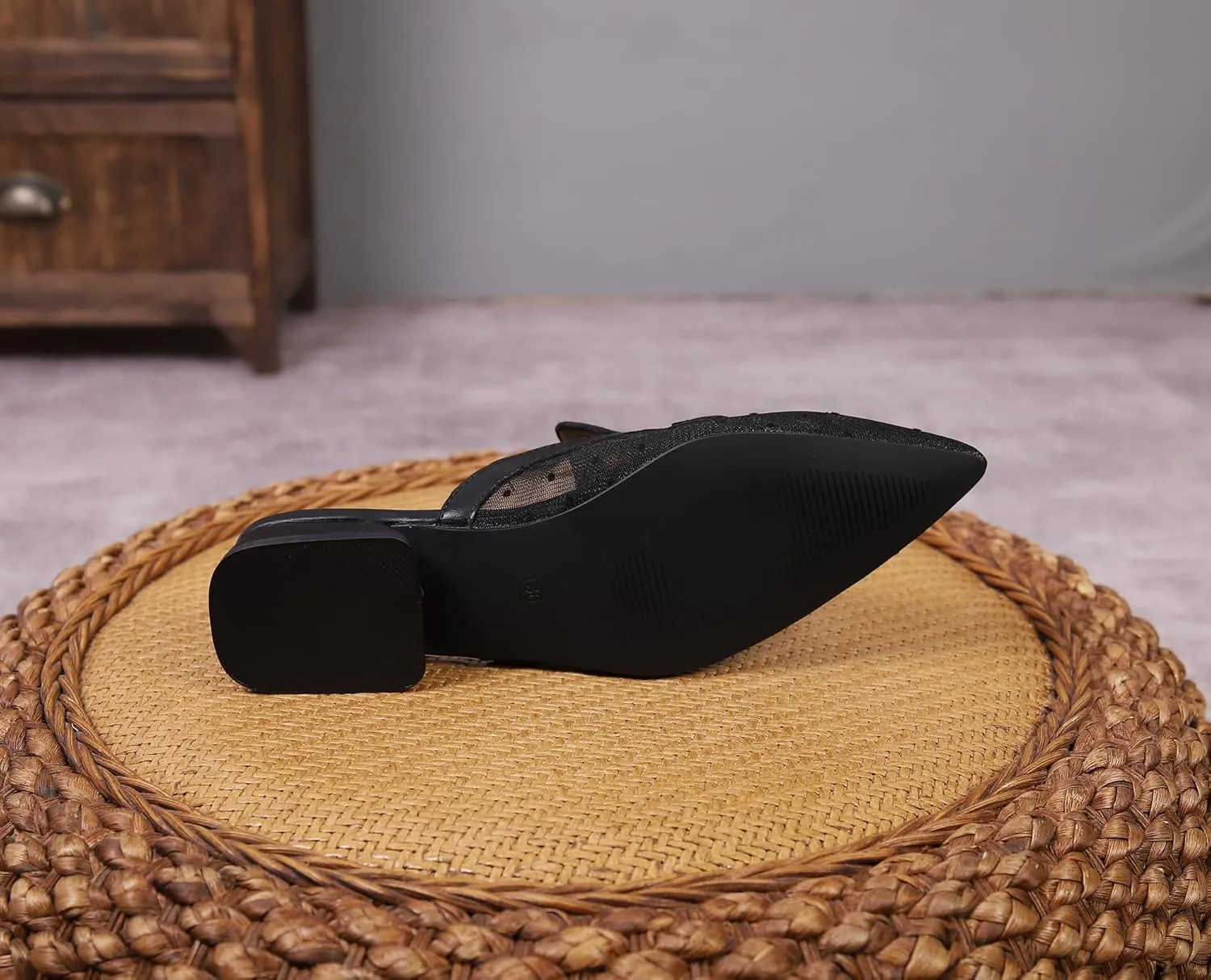 Women's Black Closed Pointed Toe Buckle Mules, 1 Inch Low Chunky Heel Backless Mule Shoes for Women, Metal Buckle Breathable Mesh Slip-on Loafers for Casual Work Beach Walking