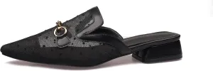 Women's Black Closed Pointed Toe Buckle Mules, 1 Inch Low Chunky Heel Backless Mule Shoes for Women, Metal Buckle Breathable Mesh Slip-on Loafers for Casual Work Beach Walking
