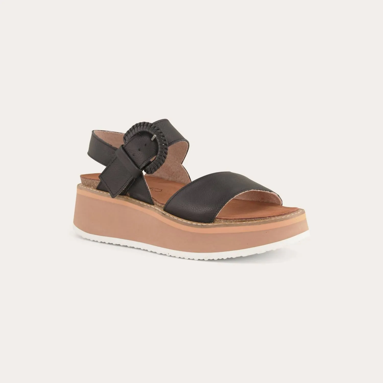 Women's Crepe Leather Sandal In Soft Black Leather, Camel Sole