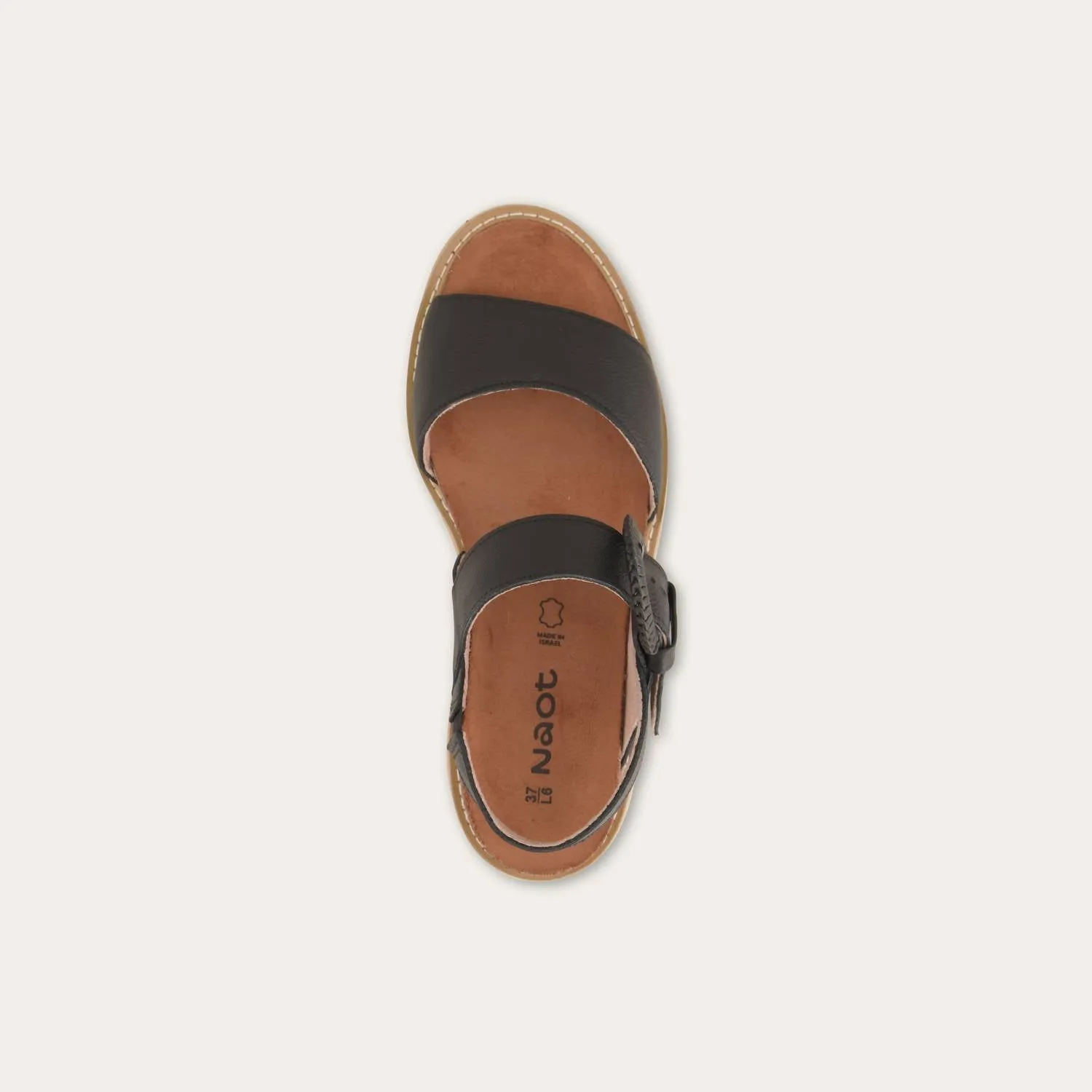 Women's Crepe Leather Sandal In Soft Black Leather, Camel Sole