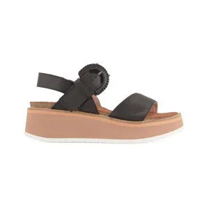 Women's Crepe Leather Sandal In Soft Black Leather, Camel Sole