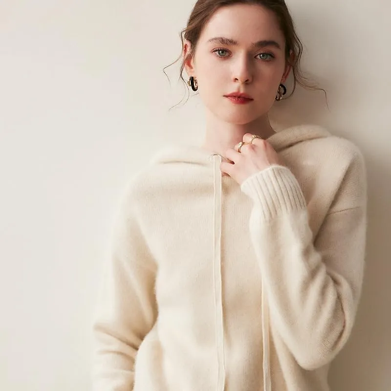 Women's Fall and Winter 100% Cashmere 7 Stiches Thickening Long Sleeve Hoodie