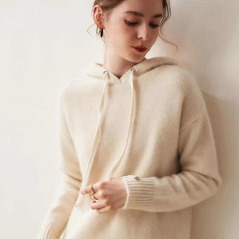 Women's Fall and Winter 100% Cashmere 7 Stiches Thickening Long Sleeve Hoodie