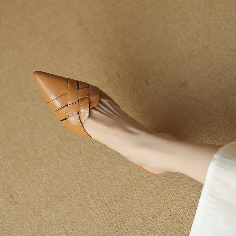 Women's Handmade Leather Pointed Toe Cross Weave Kitten Heel Mule Shoes