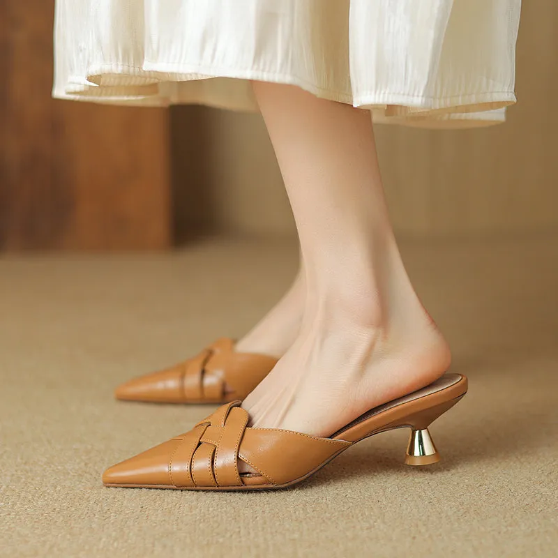 Women's Handmade Leather Pointed Toe Cross Weave Kitten Heel Mule Shoes