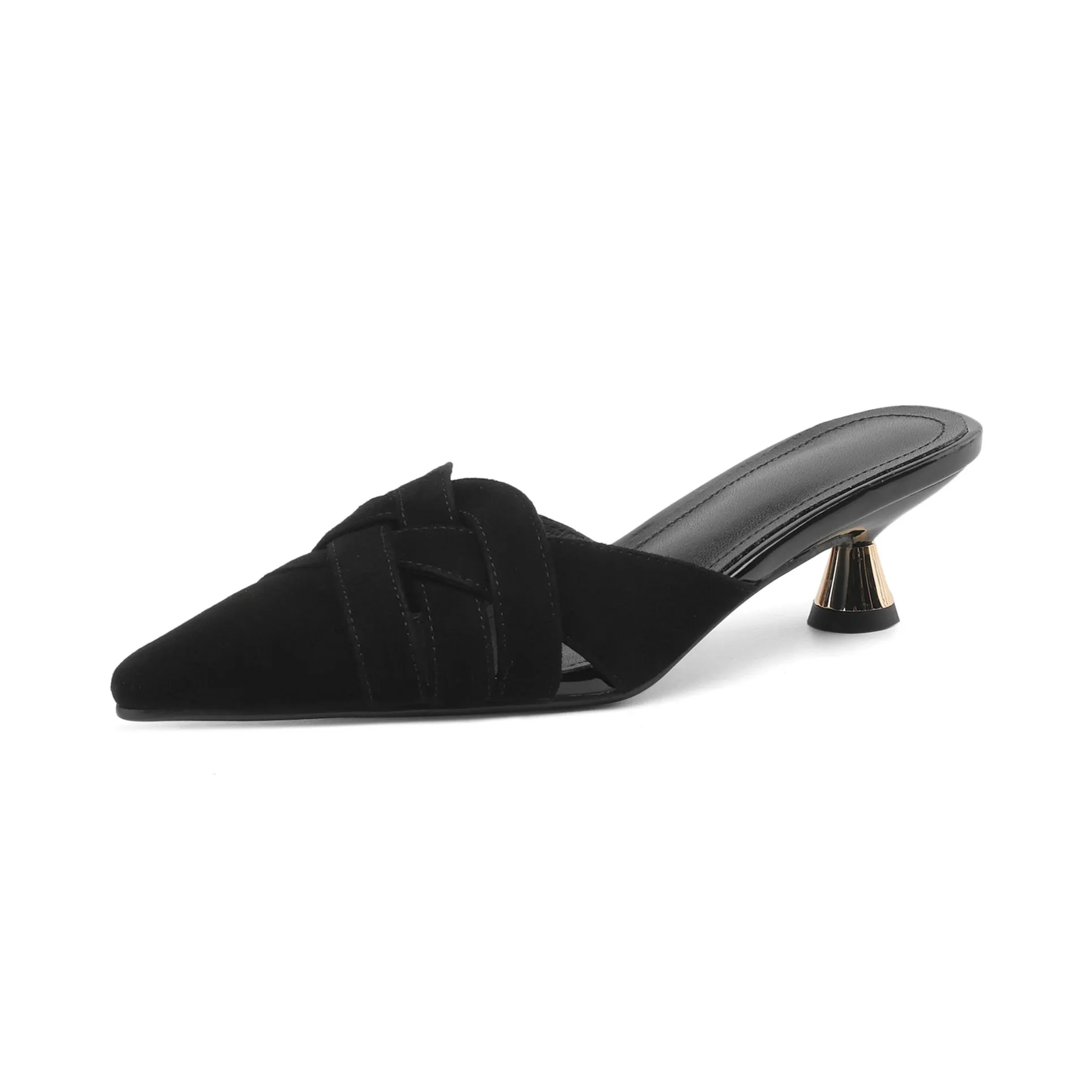 Women's Handmade Leather Pointed Toe Cross Weave Kitten Heel Mule Shoes