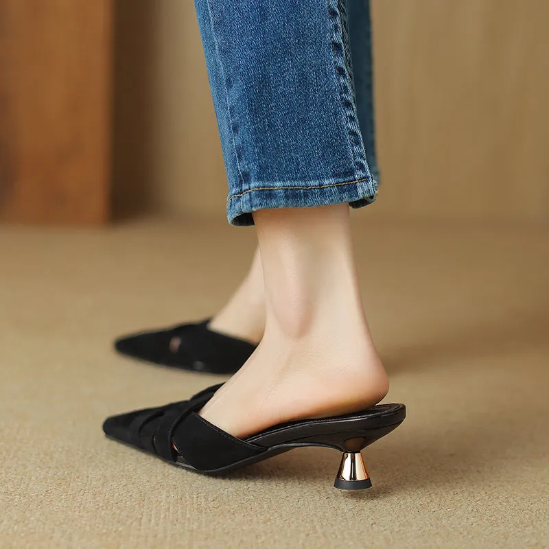 Women's Handmade Leather Pointed Toe Cross Weave Kitten Heel Mule Shoes