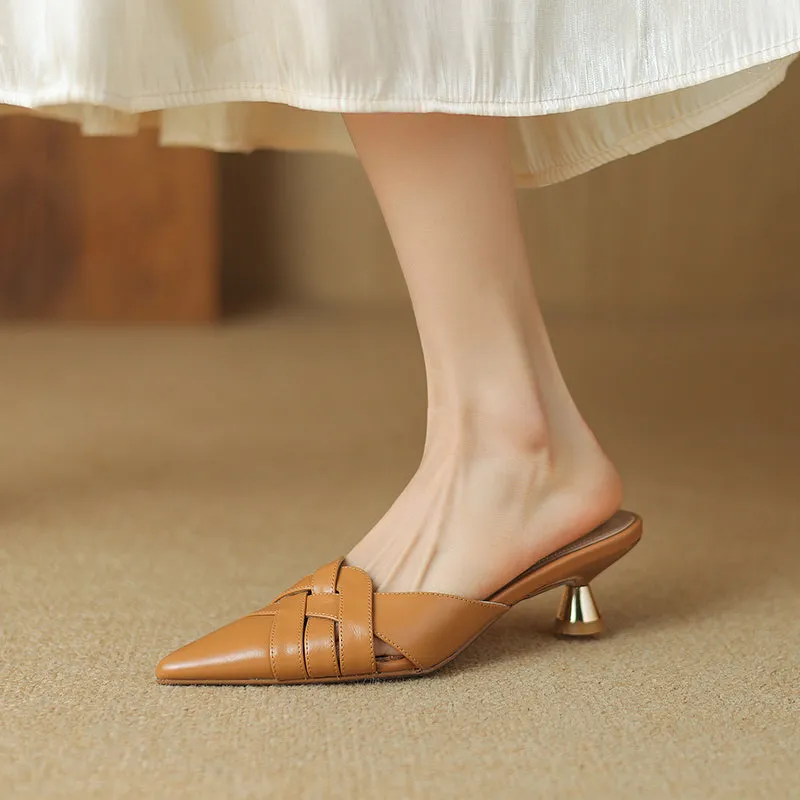 Women's Handmade Leather Pointed Toe Cross Weave Kitten Heel Mule Shoes