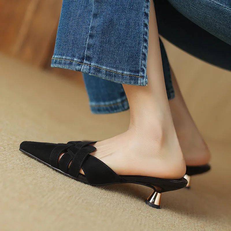 Women's Handmade Leather Pointed Toe Cross Weave Kitten Heel Mule Shoes