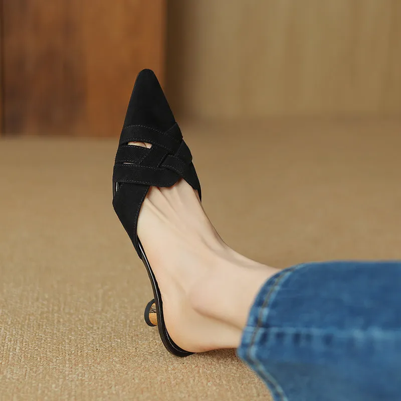 Women's Handmade Leather Pointed Toe Cross Weave Kitten Heel Mule Shoes