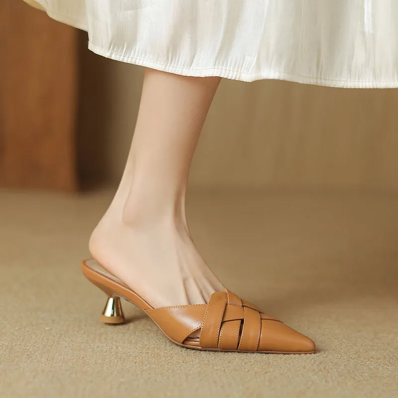 Women's Handmade Leather Pointed Toe Cross Weave Kitten Heel Mule Shoes