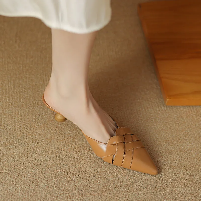 Women's Handmade Leather Pointed Toe Cross Weave Kitten Heel Mule Shoes