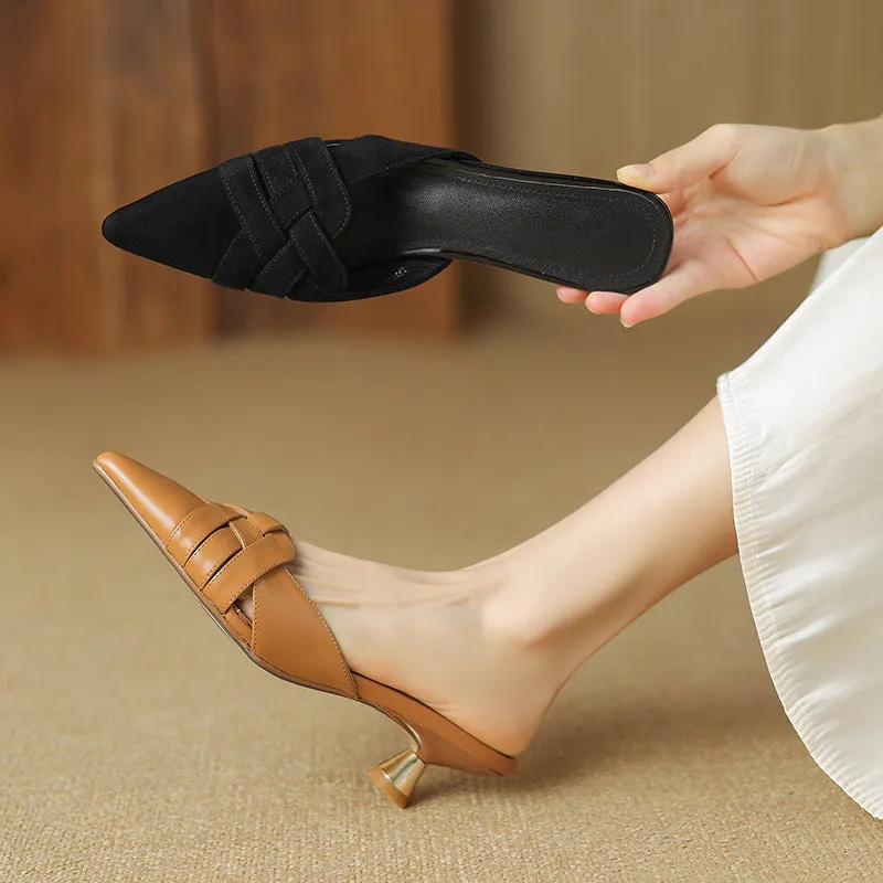 Women's Handmade Leather Pointed Toe Cross Weave Kitten Heel Mule Shoes