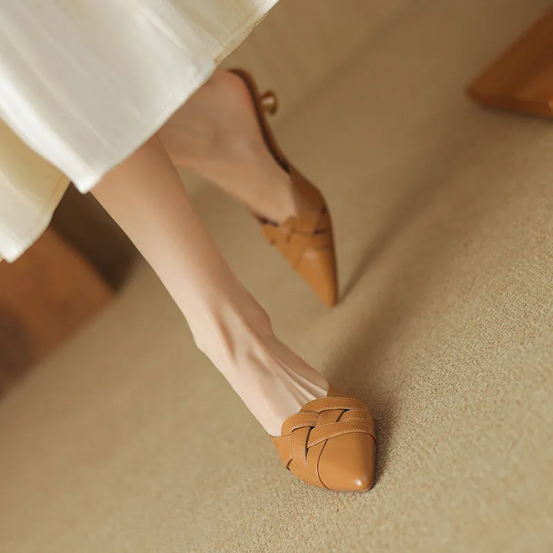 Women's Handmade Leather Pointed Toe Cross Weave Kitten Heel Mule Shoes