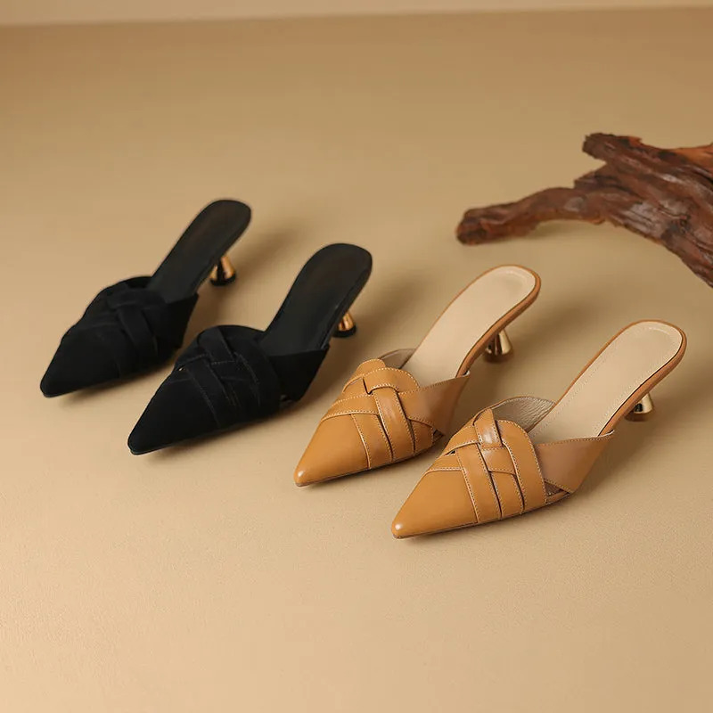 Women's Handmade Leather Pointed Toe Cross Weave Kitten Heel Mule Shoes