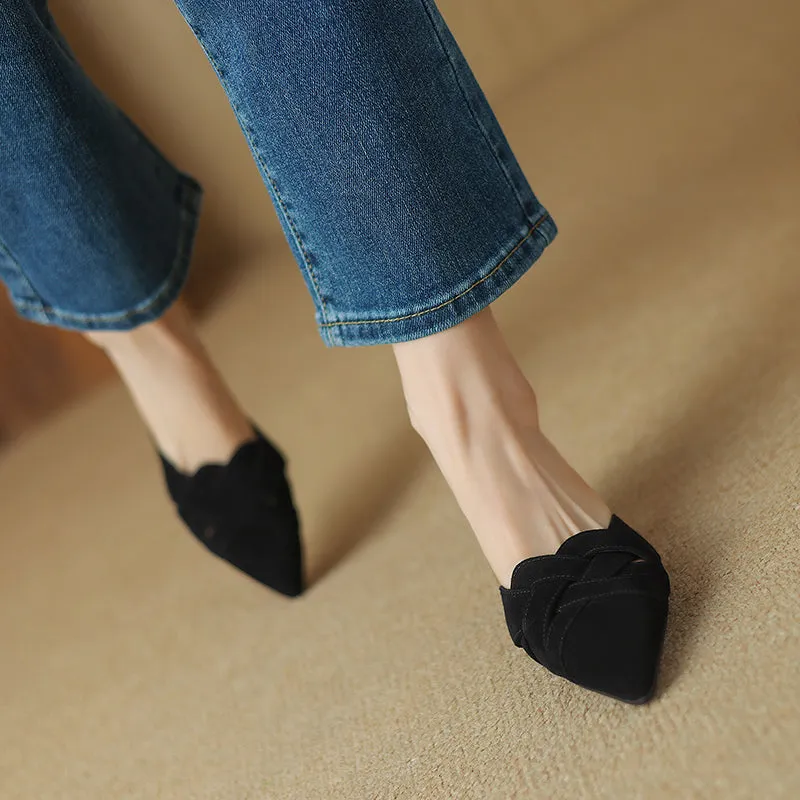 Women's Handmade Leather Pointed Toe Cross Weave Kitten Heel Mule Shoes
