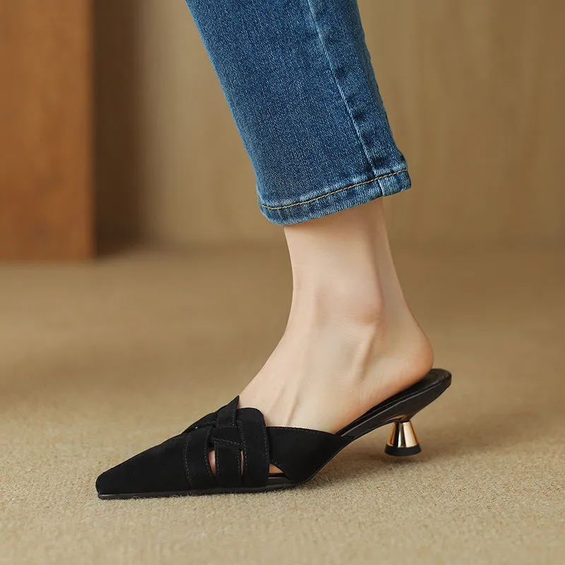 Women's Handmade Leather Pointed Toe Cross Weave Kitten Heel Mule Shoes