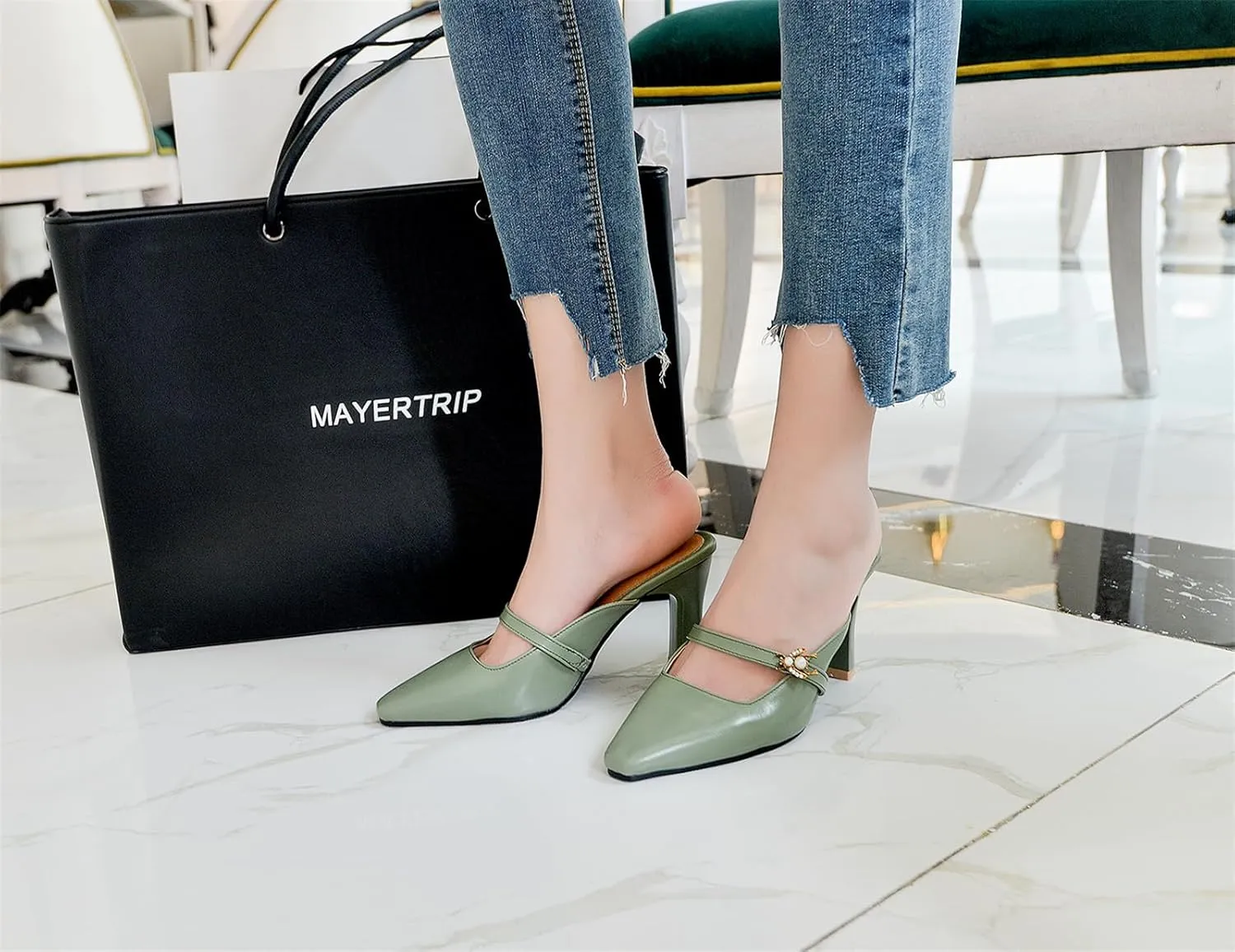 Women’s High Chunky Heels Mules Classic Pointed Toe Slip-on Metallic Bee Pearl Rhinestone Slides Dress Shoes Work Office Casual Business Church Event Dating Anniversary Vacation