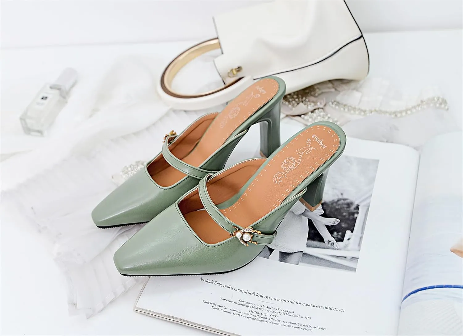 Women’s High Chunky Heels Mules Classic Pointed Toe Slip-on Metallic Bee Pearl Rhinestone Slides Dress Shoes Work Office Casual Business Church Event Dating Anniversary Vacation
