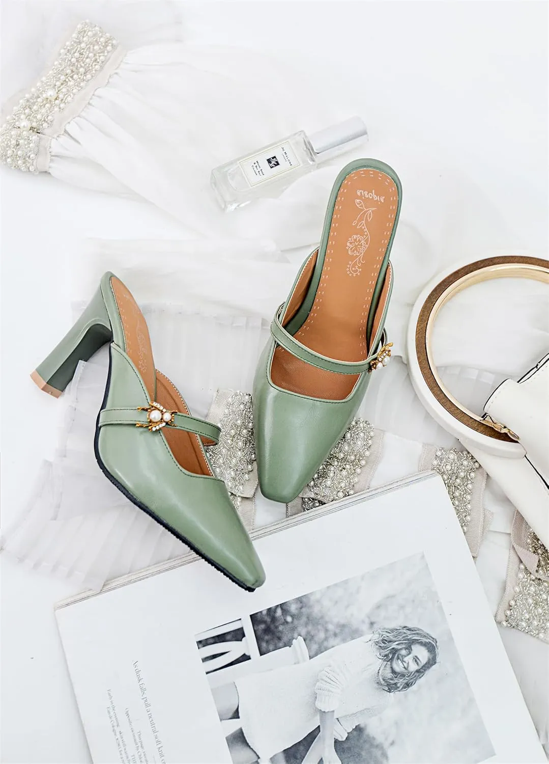 Women’s High Chunky Heels Mules Classic Pointed Toe Slip-on Metallic Bee Pearl Rhinestone Slides Dress Shoes Work Office Casual Business Church Event Dating Anniversary Vacation