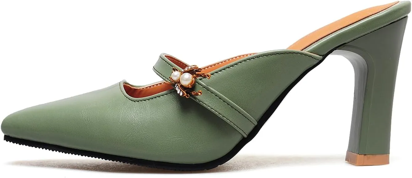 Women’s High Chunky Heels Mules Classic Pointed Toe Slip-on Metallic Bee Pearl Rhinestone Slides Dress Shoes Work Office Casual Business Church Event Dating Anniversary Vacation