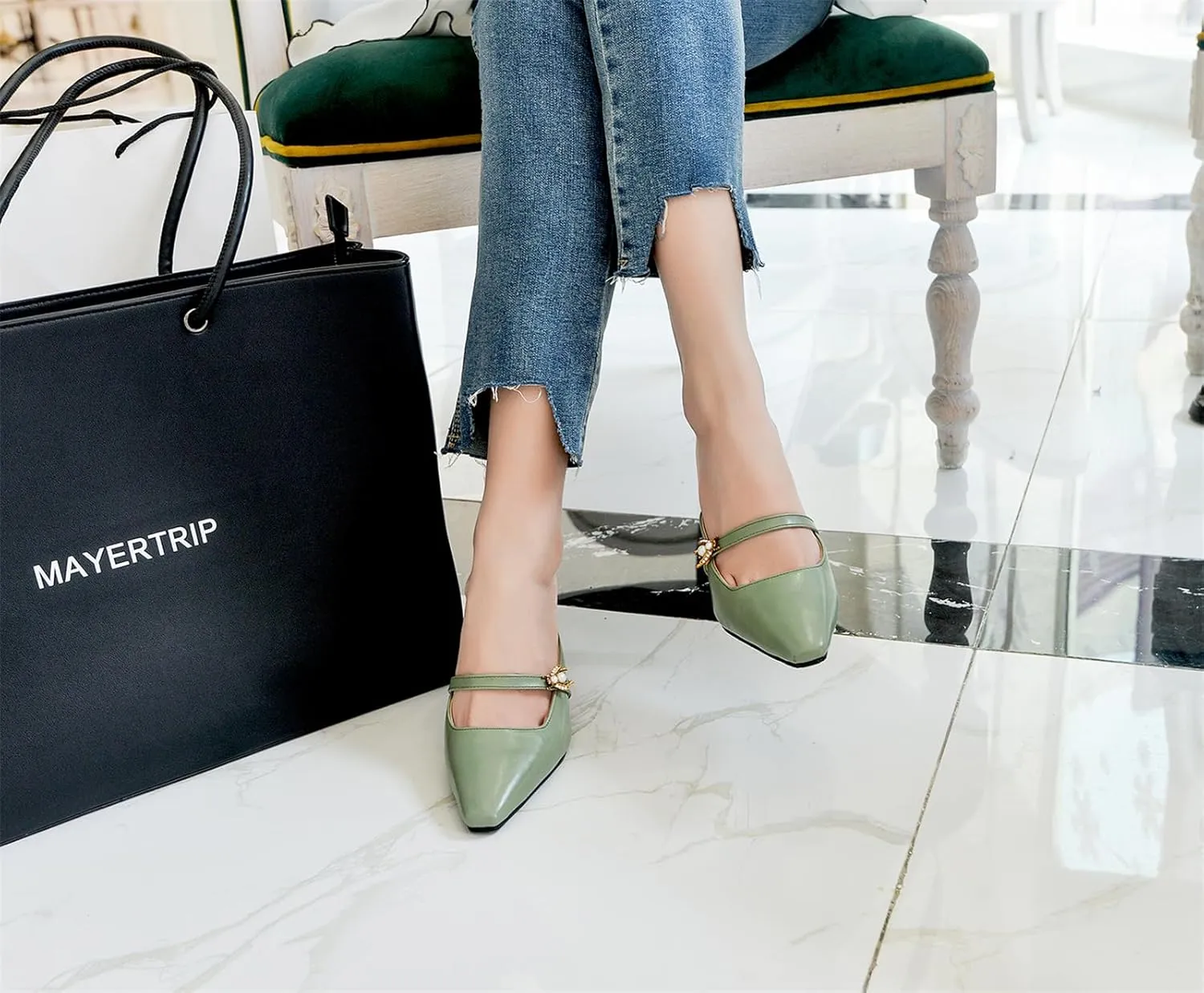 Women’s High Chunky Heels Mules Classic Pointed Toe Slip-on Metallic Bee Pearl Rhinestone Slides Dress Shoes Work Office Casual Business Church Event Dating Anniversary Vacation