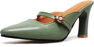 Women’s High Chunky Heels Mules Classic Pointed Toe Slip-on Metallic Bee Pearl Rhinestone Slides Dress Shoes Work Office Casual Business Church Event Dating Anniversary Vacation